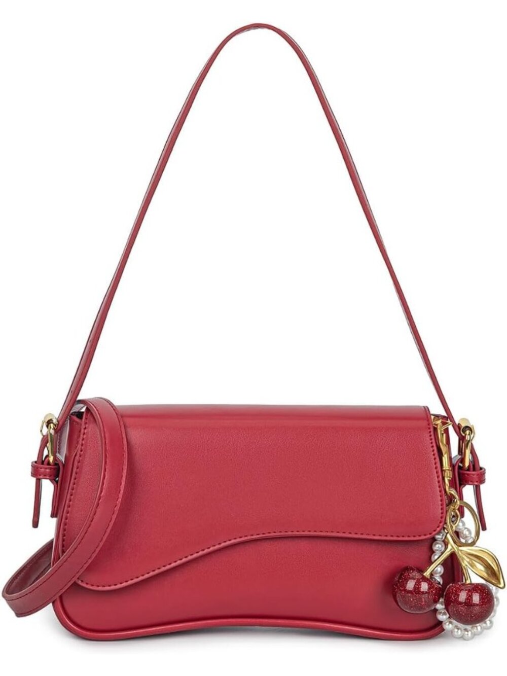 Women's Texture Red Hobo Bags with Cherry Pendant Crossbody Classic Shoulder Bag